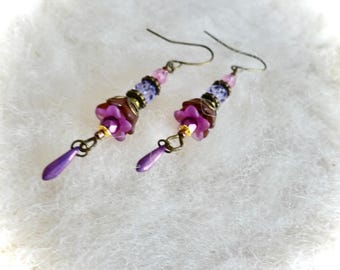 Dangle Earrings Glass Beads with Purple Lucite Flower Design