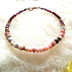 Gemstone Beaded Bracelet Pink Opa, Ruby, and Rhodochrocite
