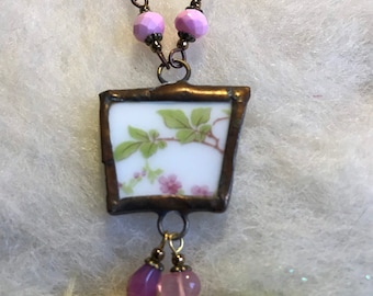 Broken China Pendant Necklace Cherry Blossom Branch Piece of Recycled China with Glass Beaded Chain