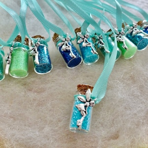 Party Favors, Tiny Aqua Tink Fairy 10 Glitter Party Necklaces Flower Fairy Happy Birthday