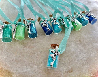 Party Favors, Tiny Aqua Tink Fairy 10 Glitter Party Necklaces Flower Fairy Happy Birthday