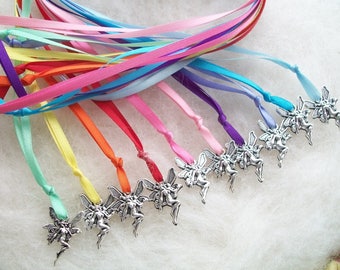 Birthday Party Favors Set of 10 Fairy Charm Ribbon Necklace Rainbow of Colors Girls Boys Party Gift Ribbon Jewelry