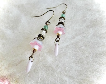 Dangle Earrings Glass Beads with Pink Lucite Flower Design