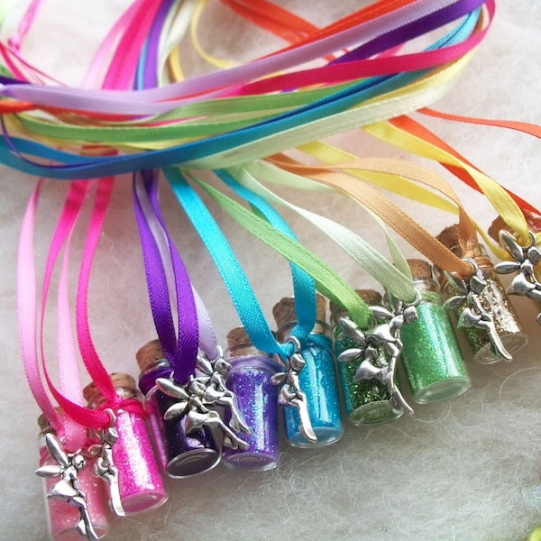 Fairy Party Favors, Tiny Rainbow Tink Fairy Glitter Party Favors 10 Pixie Sparkle Necklaces Flower Fairy Happy Birthday Charm Necklace