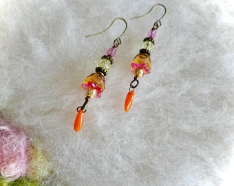 Dangle Earrings Glass Beads with Lucite Flower Design