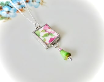 Broken China Pendant Necklace Pink Flower Green Leaves