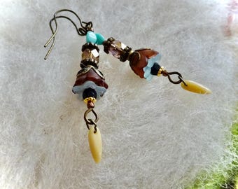 Dangle Earrings Glass Beads with Flower Design Earth Tones
