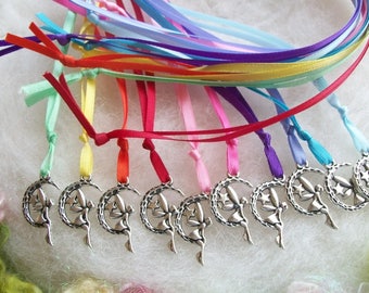 Birthday Party Favors Set of 10 Moon Fairy Charm Ribbon Necklace Rainbow of Colors Girls Boys Party Gift Ribbon Jewelry