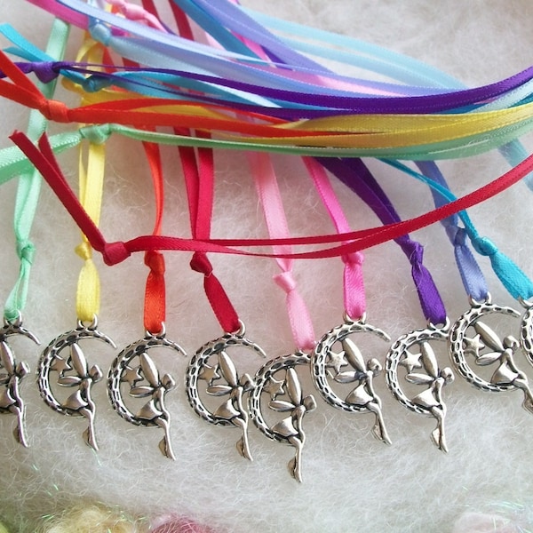 Birthday Party Favors Set of 10 Moon Fairy Charm Ribbon Necklace Rainbow of Colors Girls Boys Party Gift Ribbon Jewelry