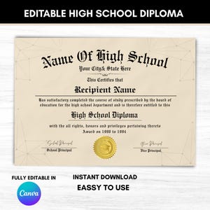 Editable High School Diploma Template, Home School Diploma, High School Diploma, Diploma Replica Template,Diploma Template, Instant Download