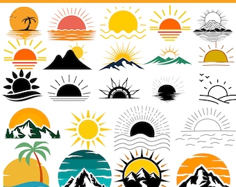 Pacote SVG de nascer e pôr do sol: clipart de montanha, praia e natureza (download digital)