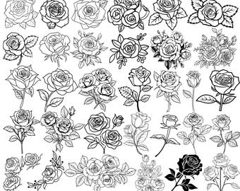 Rose Outline SVG Bundle, Rose Line Art SVG, Floral Outline Clipart, Rose Flower Png Dxf Eps, Cutting Files for Cricut Silhouette, Rose Png