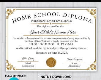 Homeschool Diploma Template Editable Canva, Printable High School Diploma, Custom Graduation Certificate, Homeschool Card, Instant Download