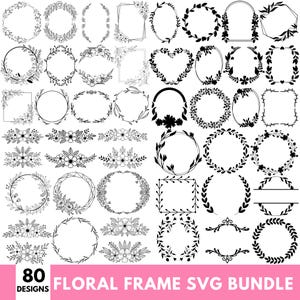 May include: A collection of 80 black and white digital graphic designs featuring various floral frames, wreaths, and decorative borders. The set includes circular, rectangular, oval, and heart-shaped outlines adorned with leaves and blossoms.