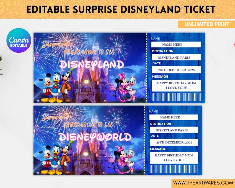 Editable Disneyland Ticket Template, Printable Disneyworld Ticket