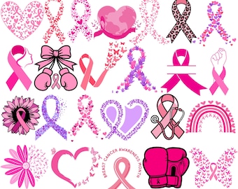 Breast Cancer Awareness SVG Bundle, Pink Ribbon Svg, Cancer Ribbon Svg for Cricut, Cancer Fighter Clipart, Sublimation PNG, October Pink SVG
