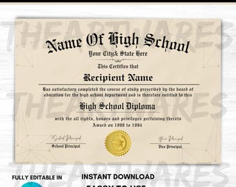 Plantilla editable de diploma de secundaria: réplica para educación en casa (descarga instantánea)