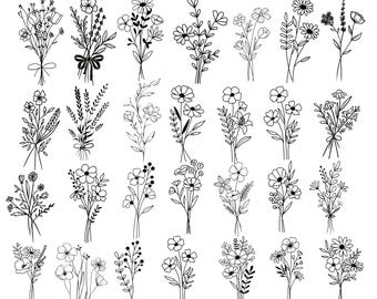 May include: A collection of 35 floral bouquet designs in black and white. The bouquets feature various flower and leaf arrangements, tied together with ribbons or twine. Text at the bottom reads "FLORAL BOUQUET SVG BUNDLE" and "35 DESIGNS BUNDLE SVG PNG EPS DXF JPG".