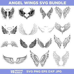 May include: A collection of 15 angel wing designs in various styles, including detailed feather patterns and heart-shaped accents. The designs are in black and white, with the text "ANGEL WINGS SVG BUNDLE" at the top and file type information at the bottom.