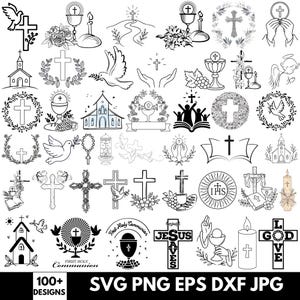 May include: A collection of over 100 religious designs in SVG, PNG, EPS, DXF, and JPG formats. The images include crosses, churches, doves, chalices, and the text "First Holy Communion" and "Jesus Saves".