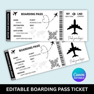 May include: Two white boarding pass tickets with black text and graphics. The tickets include the text "BOARDING PASS", "NY NEW YORK LND LONDON", and "Pack your bags!". The tickets are for a flight to London.