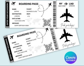 Editable Boarding Pass Ticket Template, Printable Personalized Airline Ticket, Birthday Gift Ticket, DIY Boarding Pass, CANVA Template