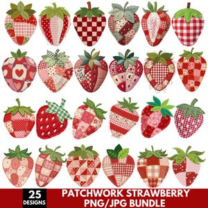 Puede incluir: Una colección de veinticinco ilustraciones de fresas con varios patrones de patchwork en rojo, rosa y blanco con hojas verdes. El texto en la parte inferior dice 25 DESIGNS PATCHWORK STRAWBERRY PNG/JPG BUNDLE en blanco y negro.
