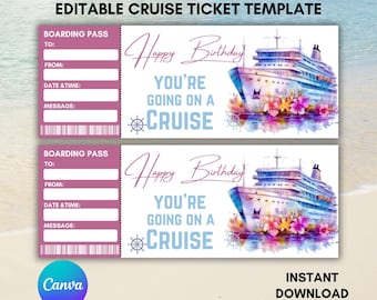 Printable Cruise Birthday Ticket Template: Surprise Vacation (Canva)