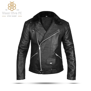 May include: Black leather jacket with a faux fur collar and a zipper closure. The jacket has a snakeskin pattern and multiple pockets.