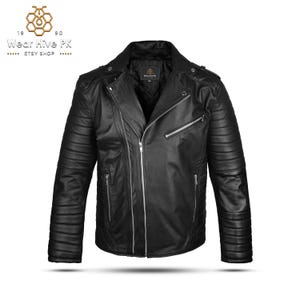 Men’s Black Genuine Leather Biker Jacket – Handmade Slim Fit Motorcycle Style with Quilted Back | Wear Hive PK