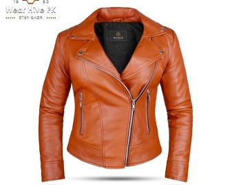 Cognac Leather Biker Jacket for Women – Genuine Slim Fit Moto Style – Handmade & Customizable – WearHivePK