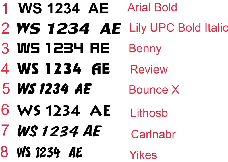 Może przedstawiać: Zbliżenie na osiem r&oacute;żnych styl&oacute;w czcionek, z kt&oacute;rych każda wyświetla tekst "WS 1234 AE". Czcionki są oznaczone nazwami: Arial Bold, Lily UPC Bold Italic, Benny, Review, Bounce X, Lithosb, Carlnabr i Yikes.