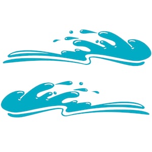May include: Two blue water splash designs, one with a larger wave and the other with a smaller wave. Both designs have a stylized, cartoon-like appearance.