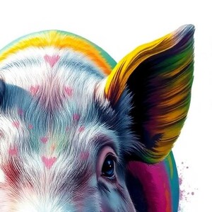 Impresión artística de cerdo de dibujos animados vívidos, descarga digital de arte pop caprichoso, decoración de galería colorida y brillante