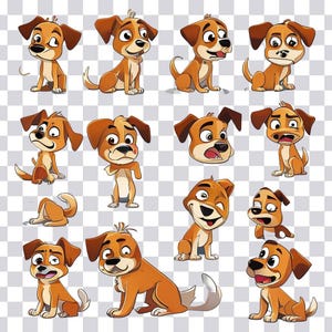 Digitale download speelse cartoon hondenraster – 12 grillige expressieve huisdierillustratiescollectie