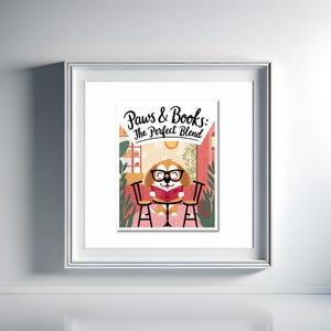 Paws & Books: Playful Cartoon Dog Reads Red Book in Cozy Cafe Digital Wall Art