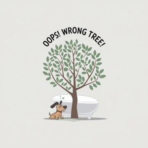 Bathroom Art Digital Download: Oops! Wrong Tree! Cartoon Dog, Tree & Bathtub Illustration