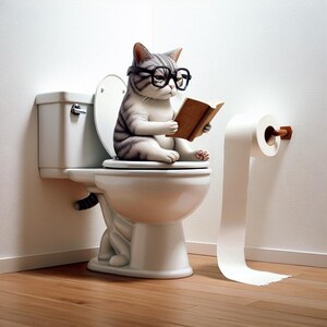 風変わりな猫のバスルームアート デジタルダウンロード – トイレットペーパーを広げてトイレで読書をする遊び心のある漫画