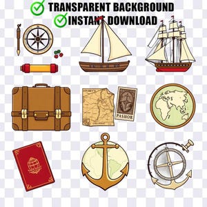 Jeu d'icônes Maritime & Travel – Téléchargement numérique PNG, 1 fichier, grille 3 x 3, fond transparent
