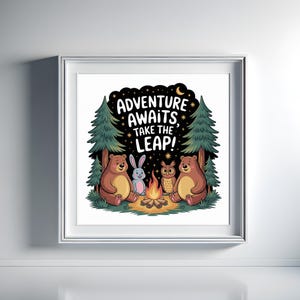 Fantástica aventura nocturna junto a una fogata: dibujos de osos, conejos y búhos en un bosque estrellado Arte digital