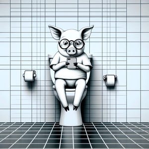 Descarga digital de arte caprichoso para el baño que presenta un cerdo de dibujos animados, anteojos, un teléfono inteligente y una decoración de papel higiénico