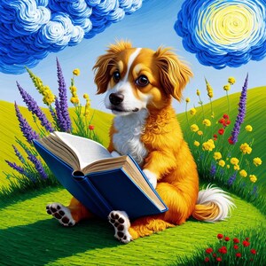 Whimsical Cartoon Dog Digital Art Print with Book in a Vibrant, Lush Nature Landscape