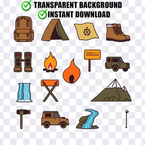 Buntes Camping & Outdoors Icon Set, sofortiger digitaler PNG Download, transparenter Hintergrund, alles in einer Datei