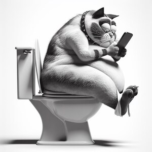 Dibujo animado caprichoso de un gato en un inodoro blanco Descarga digital Arte divertido de un gato regordete con teléfono inteligente