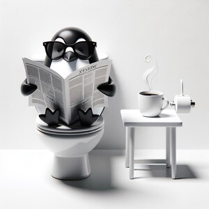 Arte caprichoso para el baño: Pingüino de dibujos animados en el inodoro con periódico, taza de café y papel higiénico