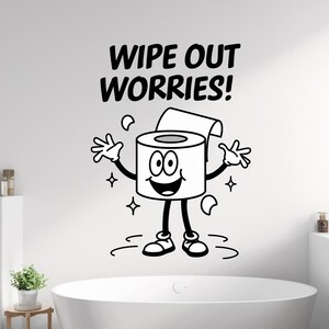 Art lunatique pour salle de bain en téléchargement numérique : personnage de dessin animé en papier toilette dissipant ses soucis dans une décoration joyeuse