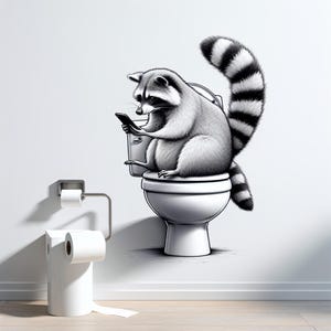 トイレにいる気まぐれな漫画アライグマのデジタルダウンロード - スマートフォンのユーモアを使った遊び心のあるバスルームアート装飾
