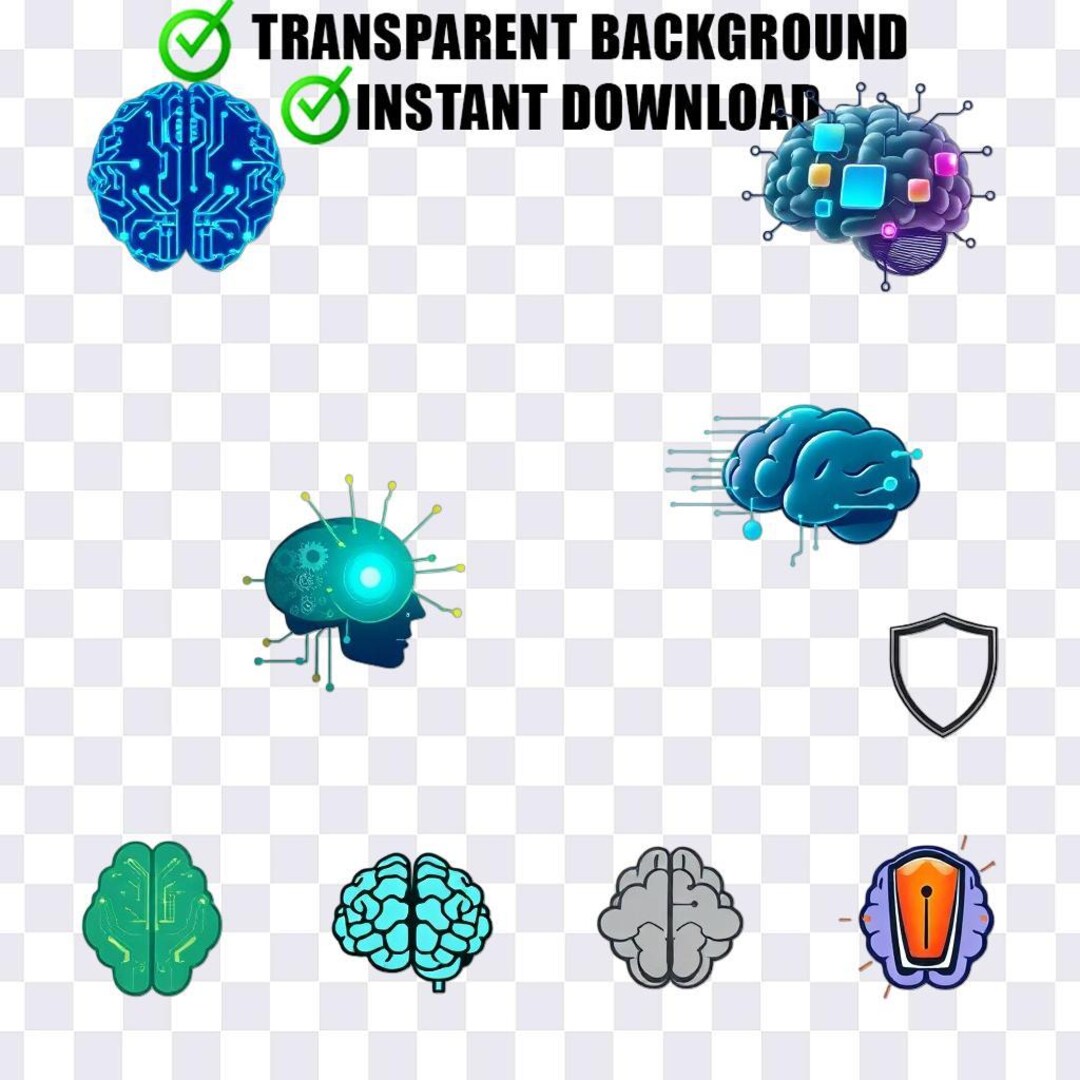 Brain Tech Icon Set: 12 Grid PNG Icons, Digital Download, One File ...