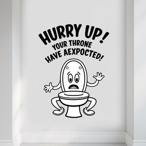 Humoristische badkamerkunstprint – grillige cartoon toilet urgentie muursticker digitale download