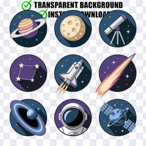9 pictogrammenset met ruimtethema: digitale png, één bestand, transparante BG, direct downloaden
